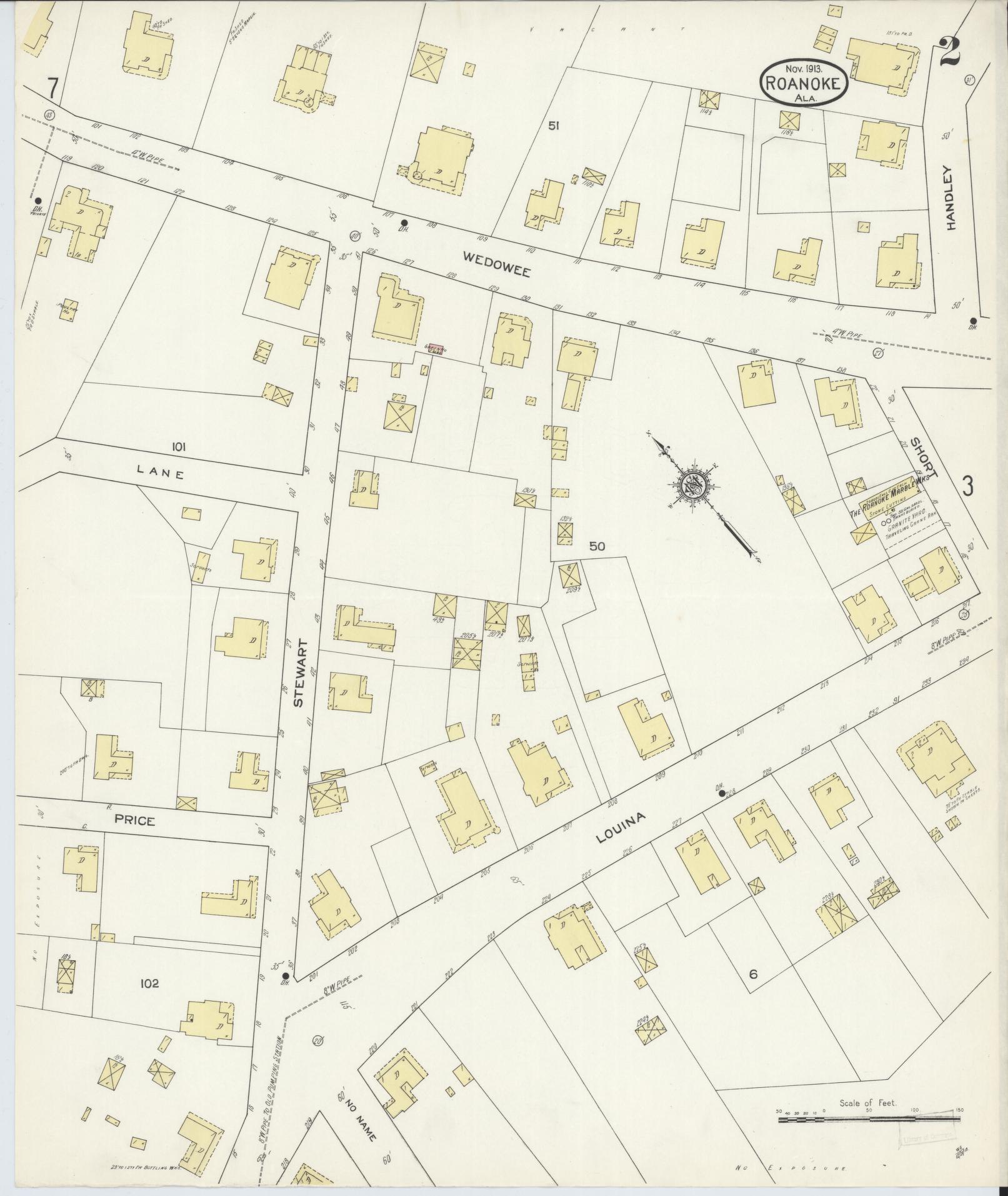 Sanborn Fire Insurance Map from Roanoke, Randolph County, Alabama (1913), Sheet #0002 - Historic Sanborn Fire Insurance Map Print, vintage old map wall art, antique decor, genealogy gift, Alabama Alabama map