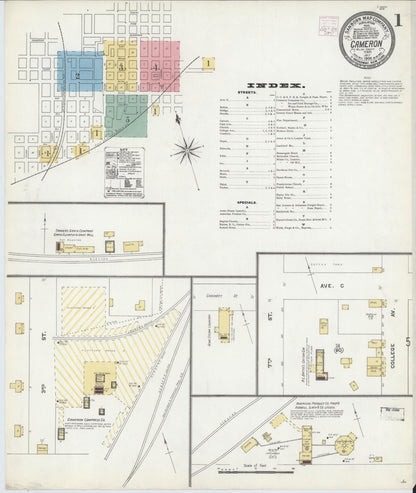 Sanborn Fire Insurance Map from Cameron, Milam County, Texas (1906), Sheet #0001 - Historic Sanborn Fire Insurance Map Print, vintage old map wall art, antique decor, genealogy gift, Texas Texas map