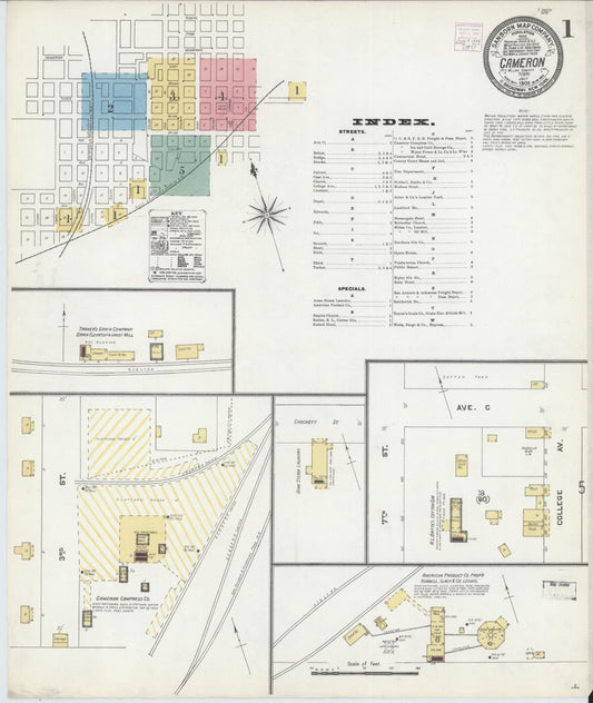 Sanborn Fire Insurance Map from Cameron, Milam County, Texas (1906), Sheet #0001 - Historic Sanborn Fire Insurance Map Print, vintage old map wall art, antique decor, genealogy gift, Texas Texas map