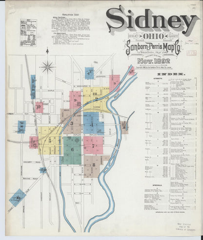 Sanborn Fire Insurance Map from Sidney, Shelby County, Ohio (1892), Sheet #0001 - Complete Map Set gallery image, historic Sanborn map, vintage wall art, Ohio Ohio