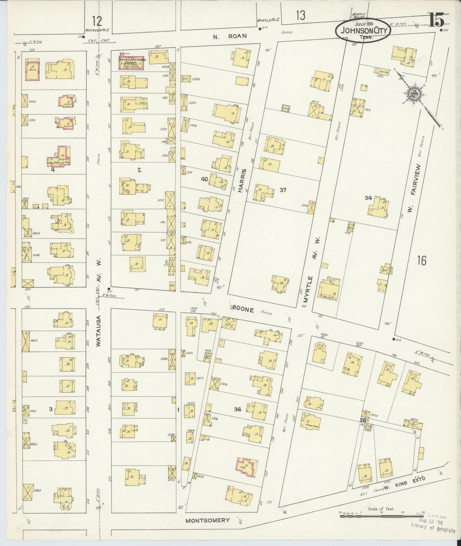 Sanborn Fire Insurance Map from Johnson City, Washington County, Tennessee (1913), Sheet #0015 - Complete Map Set gallery image, historic Sanborn map, vintage wall art, Tennessee Tennessee