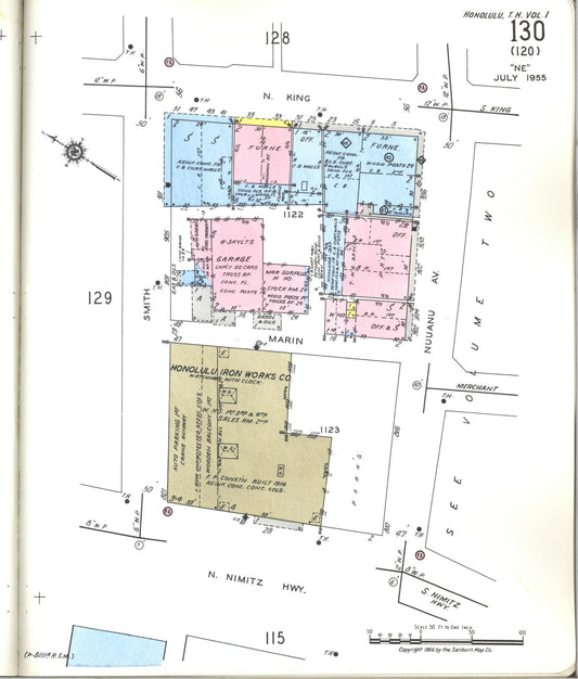 Sanborn Fire Insurance Map from Honolulu, Oahu County, Hawaii (1955), Sheet #0130 - Historic Sanborn Fire Insurance Map Print, vintage old map wall art