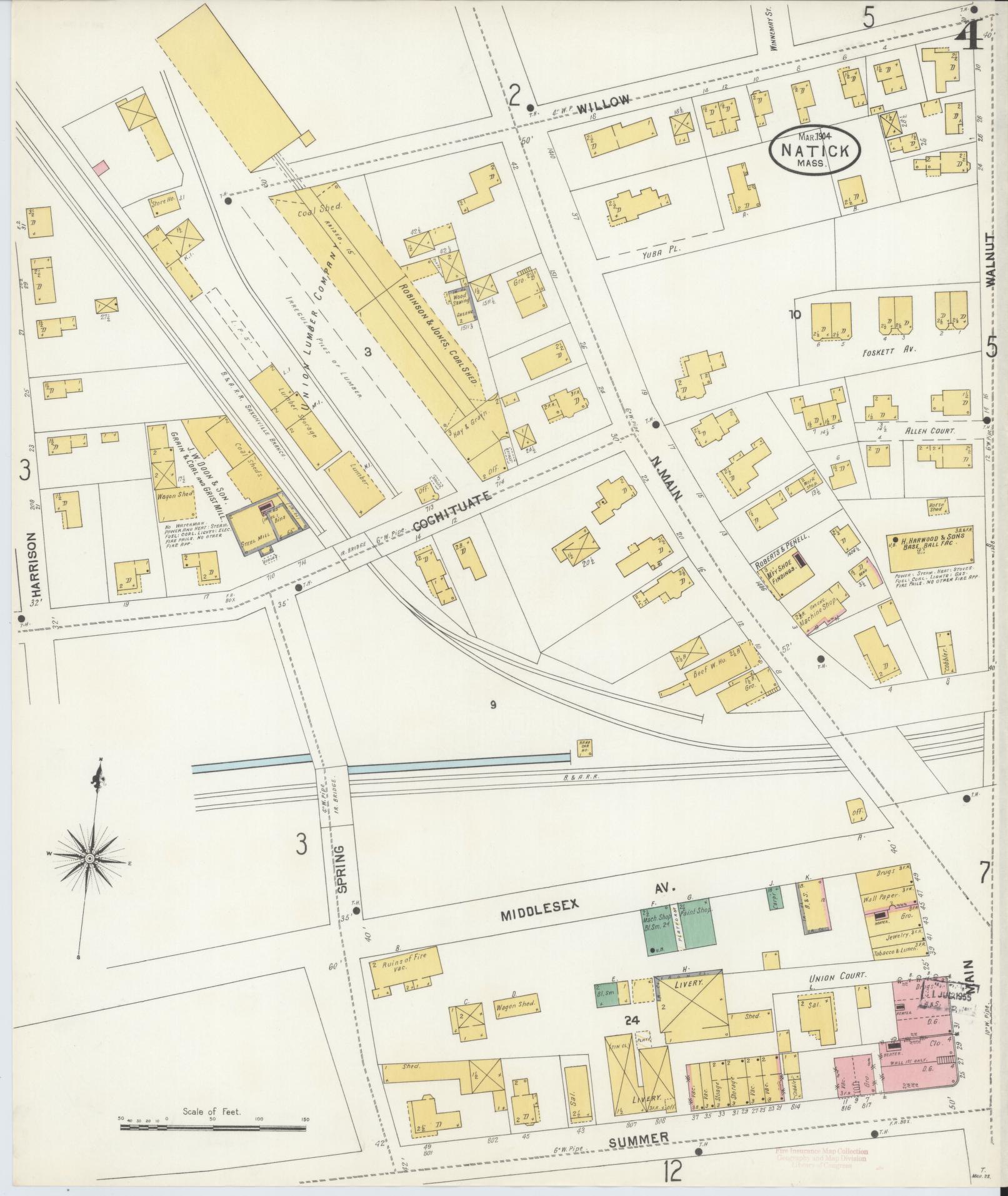 Sanborn Fire Insurance Map from Natick, Middlesex County, Massachusetts (1904), Sheet #0004 - Complete Map Set gallery image, historic Sanborn map, vintage wall art, Massachusetts Massachusetts