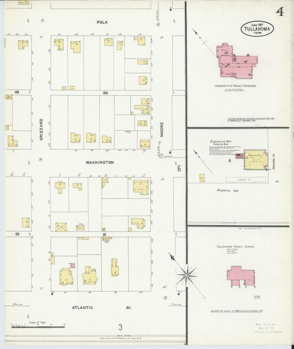 Sanborn Fire Insurance Map from Tullahoma, Coffee County, Tennessee (1907), Sheet #0004 - Historic Sanborn Fire Insurance Map Print, vintage old map wall art, antique decor, genealogy gift, Tennessee Tennessee map