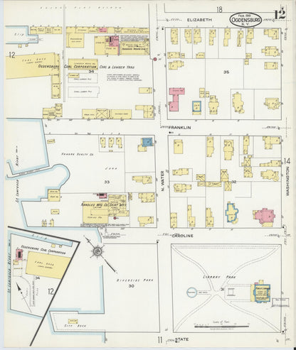 Sanborn Fire Insurance Map from Ogdensburg, St. Lawrence County, New York (1918), Sheet #0012 - Complete Map Set gallery image, historic Sanborn map, vintage wall art, New York New York