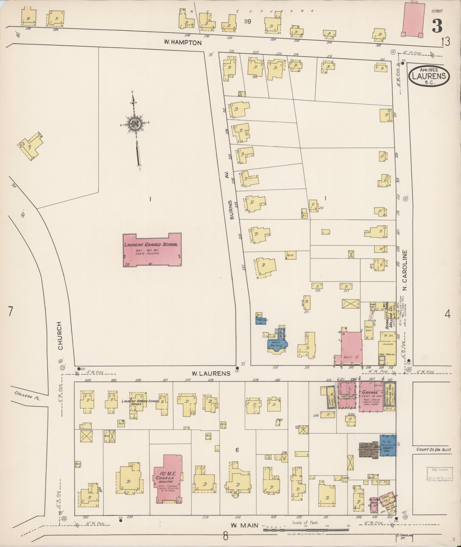 Sanborn Fire Insurance Map from Laurens, Laurens County, South Carolina (1922), Sheet #0003 - Historic Sanborn Fire Insurance Map Print, vintage old map wall art, antique decor, genealogy gift, South Carolina South Carolina map