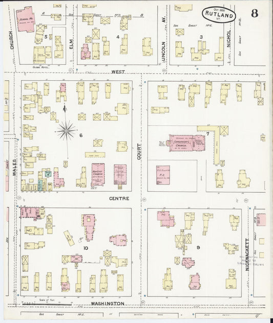 Sanborn Fire Insurance Map from Rutland, Rutland County, Vermont (1890), Sheet #0008 - Historic Sanborn Fire Insurance Map Print, vintage old map wall art, antique decor, genealogy gift, Vermont Vermont map