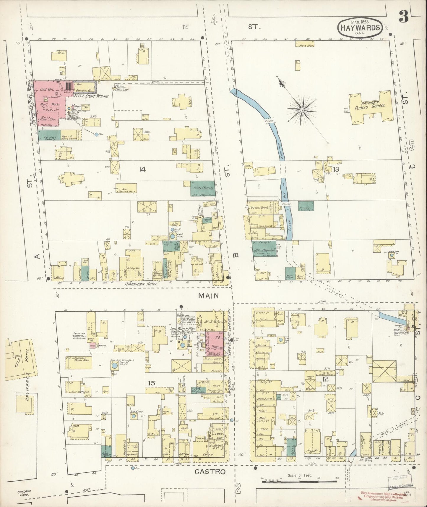 Sanborn Fire Insurance Map from Hayward, Alameda County, California (1893), Sheet #0003 - Complete Map Set gallery image, historic Sanborn map, vintage wall art, California California