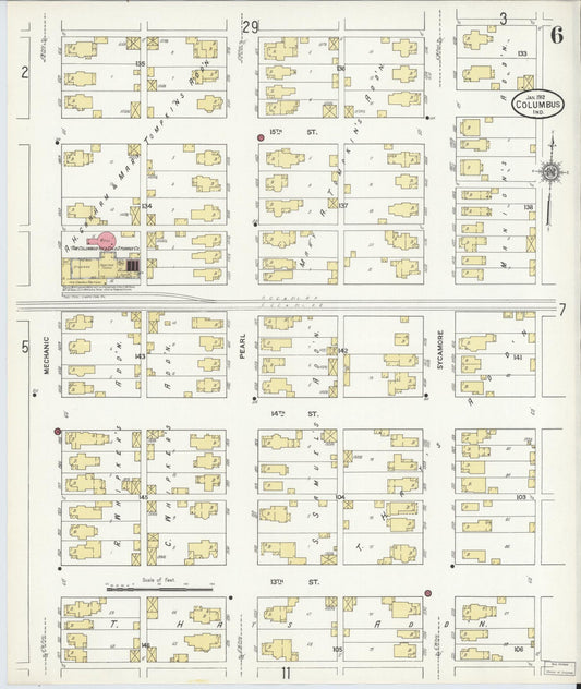 Sanborn Fire Insurance Map from Columbus, Bartholomew County, Indiana (1912), Sheet #0006 - Historic Sanborn Fire Insurance Map Print, vintage old map wall art, antique decor, genealogy gift, Indiana Indiana map
