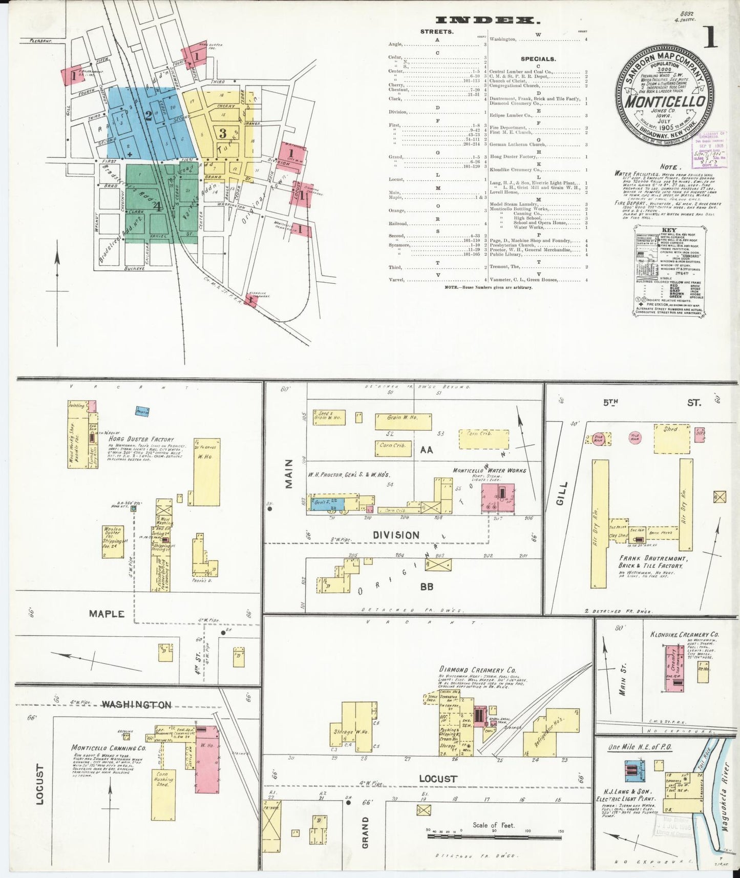 Sanborn Fire Insurance Map from Monticello, Jones County, Iowa (1905), Sheet #0001 - Historic Sanborn Fire Insurance Map Print