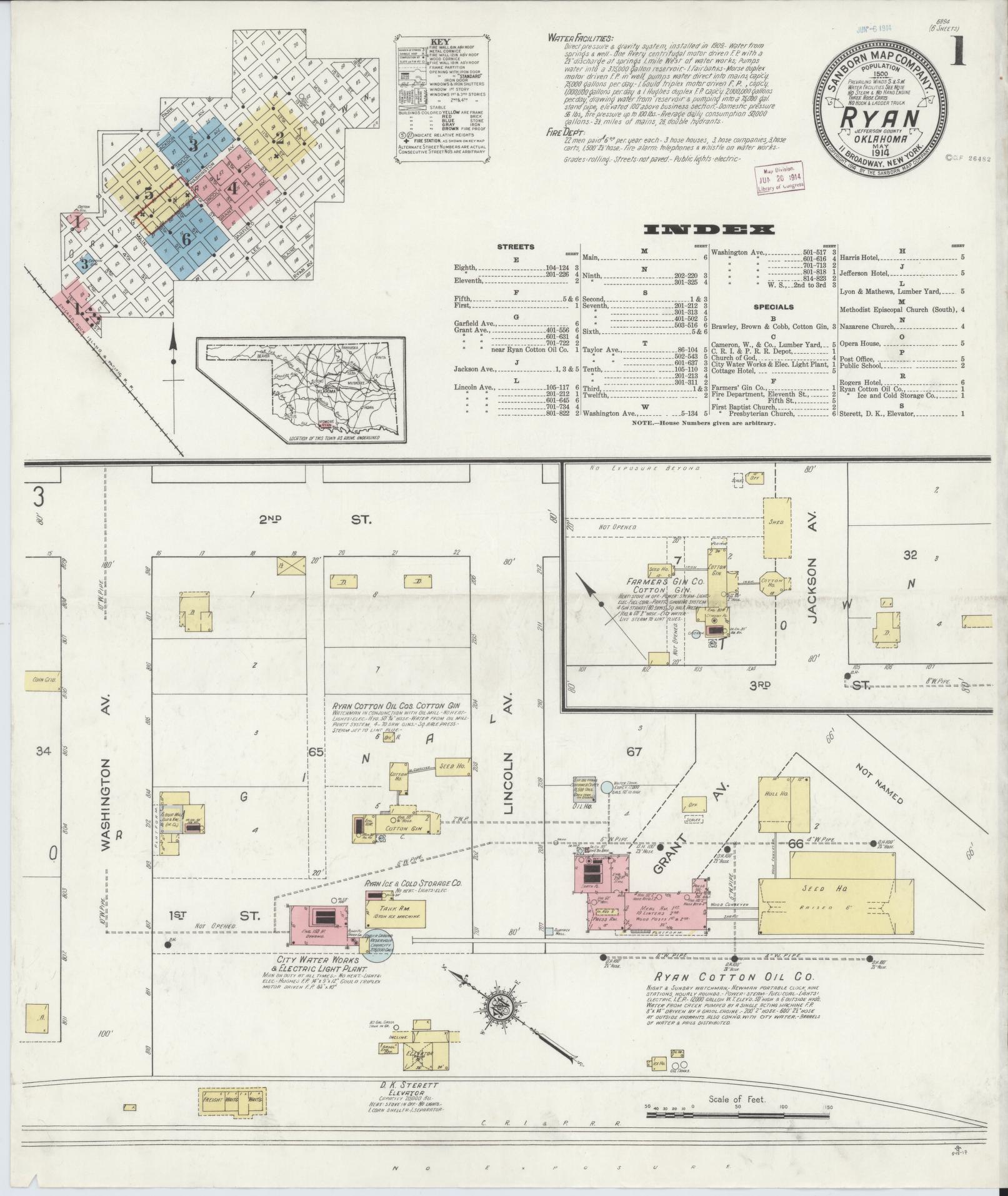 Sanborn Fire Insurance Map from Ryan, Jefferson County, Oklahoma (1914), Sheet #0001 - Historic Sanborn Fire Insurance Map Print, vintage old map wall art, antique decor, genealogy gift, Oklahoma Oklahoma map