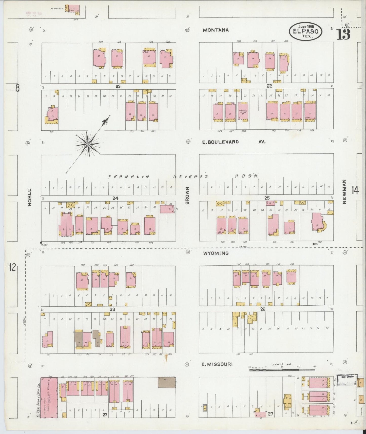 Sanborn Fire Insurance Map from El Paso, El Paso County, Texas (1905), Sheet #0013 - Complete Map Set gallery image, historic Sanborn map, vintage wall art, Texas Texas