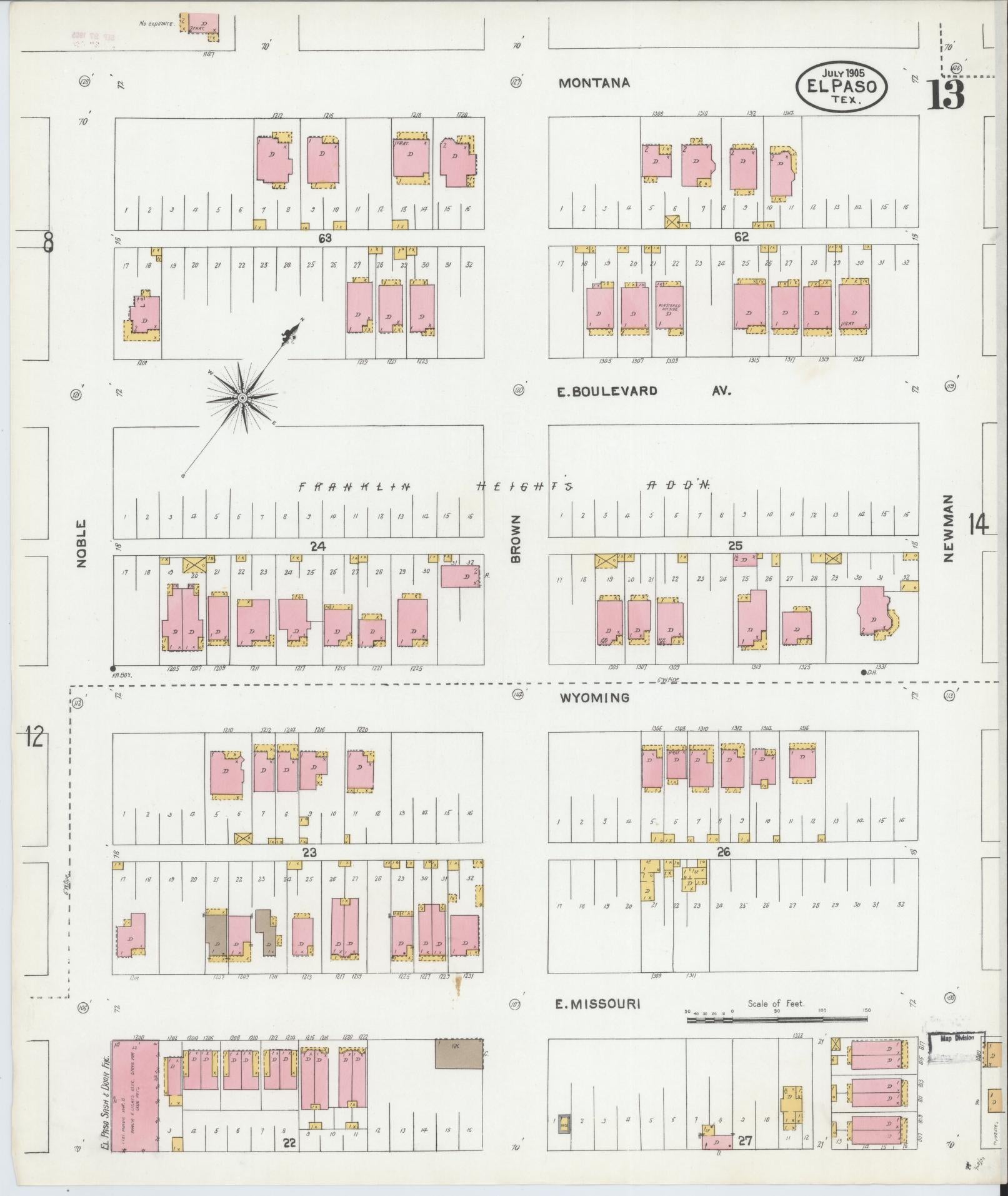 Sanborn Fire Insurance Map from El Paso, El Paso County, Texas (1905), Sheet #0013 - Complete Map Set gallery image, historic Sanborn map, vintage wall art, Texas Texas