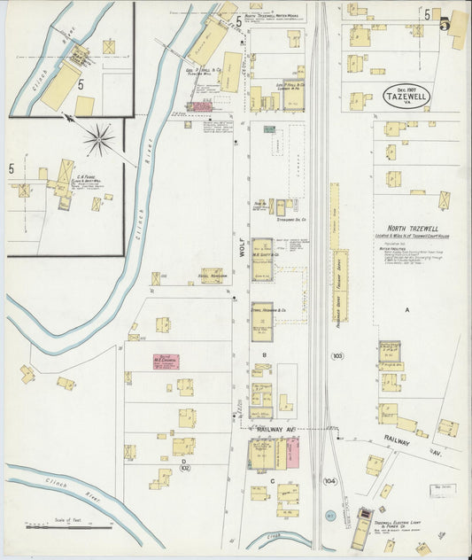 Sanborn Fire Insurance Map from Tazewell, Tazewell County, Virginia (1907), Sheet #0005 - Historic Sanborn Fire Insurance Map Print, vintage old map wall art, antique decor, genealogy gift, Virginia Virginia map