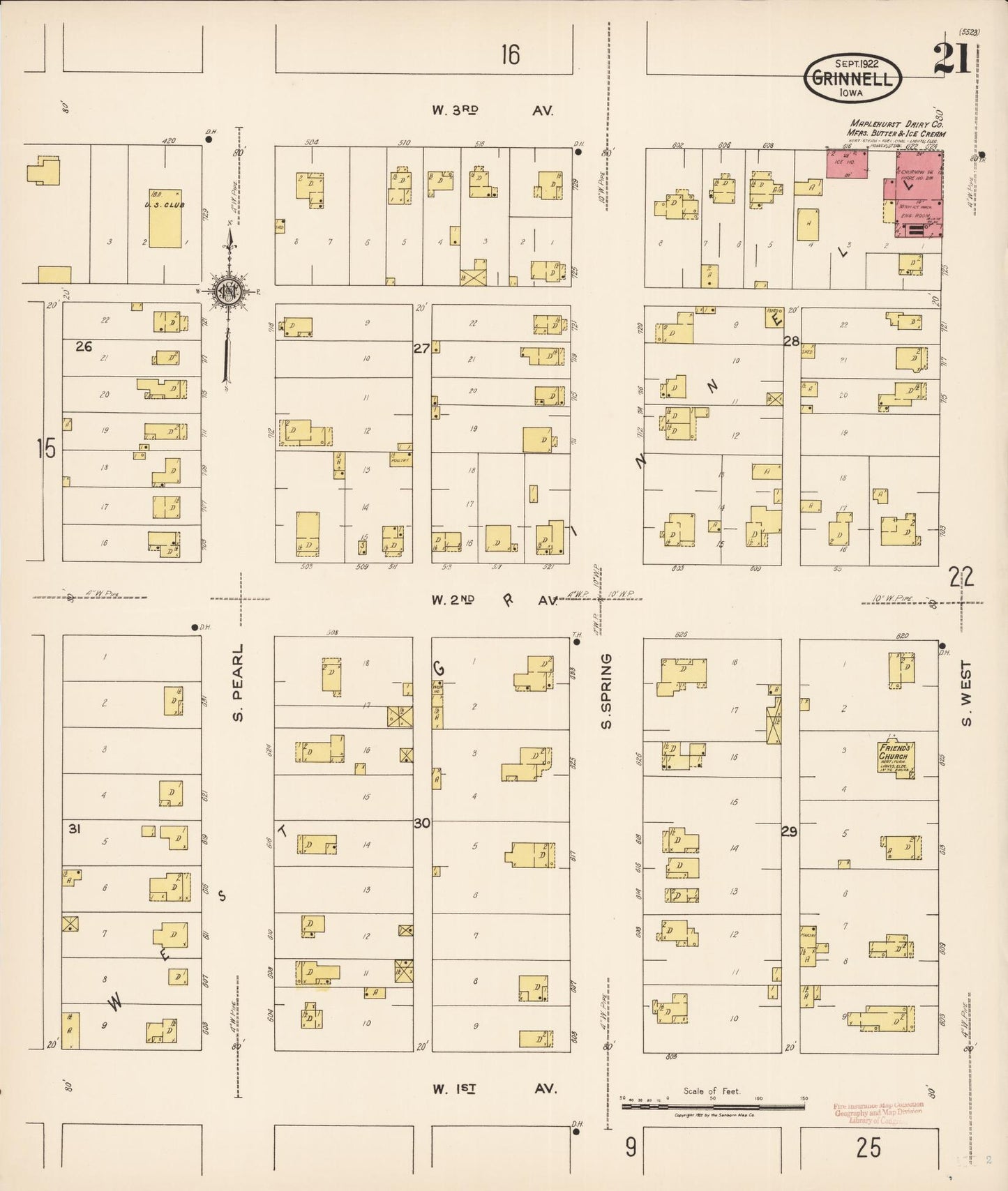 Sanborn Fire Insurance Map from Grinnell, Poweshiek County, Iowa (1922), Sheet #0021 - Historic Sanborn Fire Insurance Map Print, vintage old map wall art