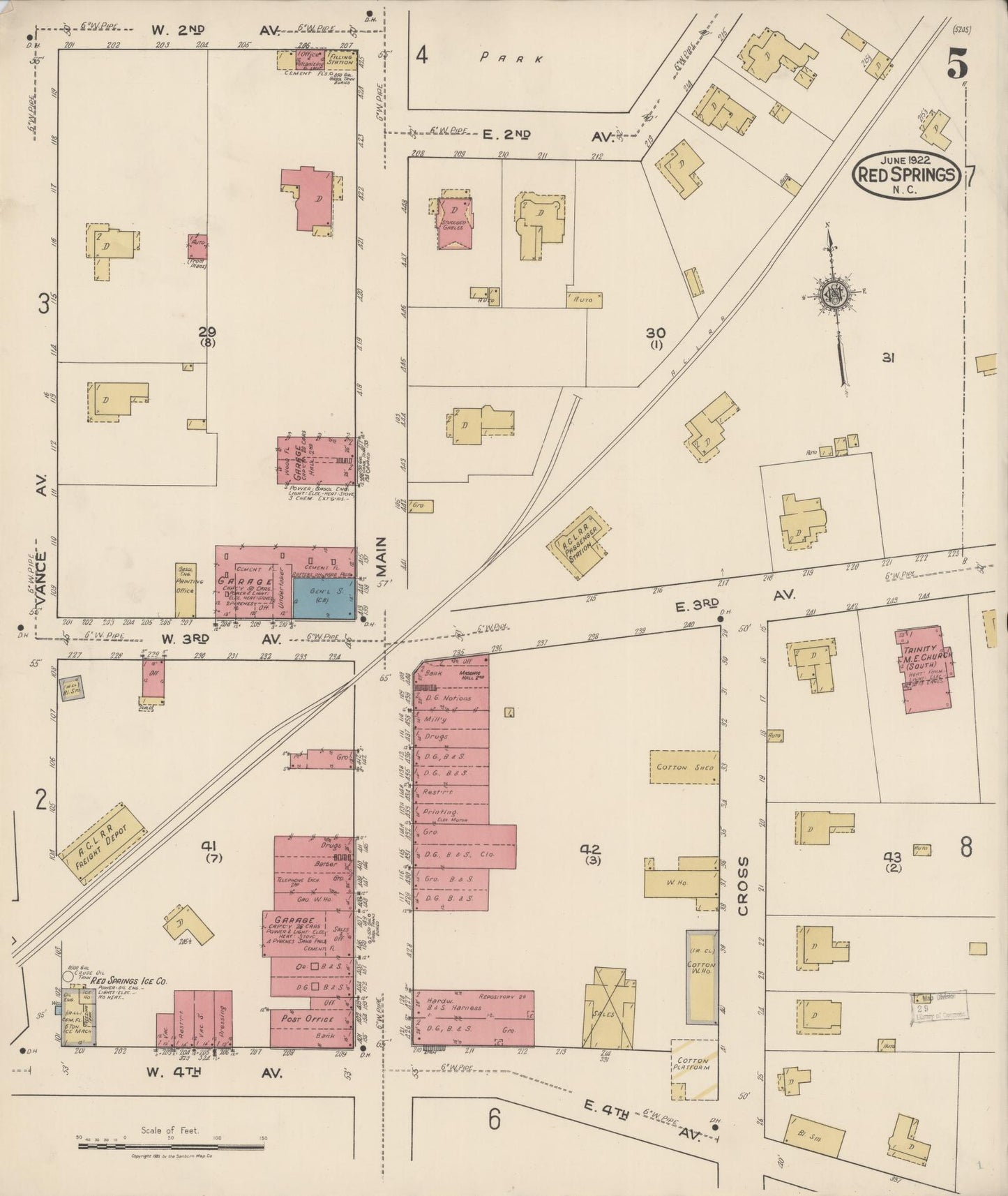 Sanborn Fire Insurance Map from Red Springs, Robeson County, North Carolina (1922), Sheet #0005 - Complete Map Set gallery image, historic Sanborn map, vintage wall art, North Carolina North Carolina
