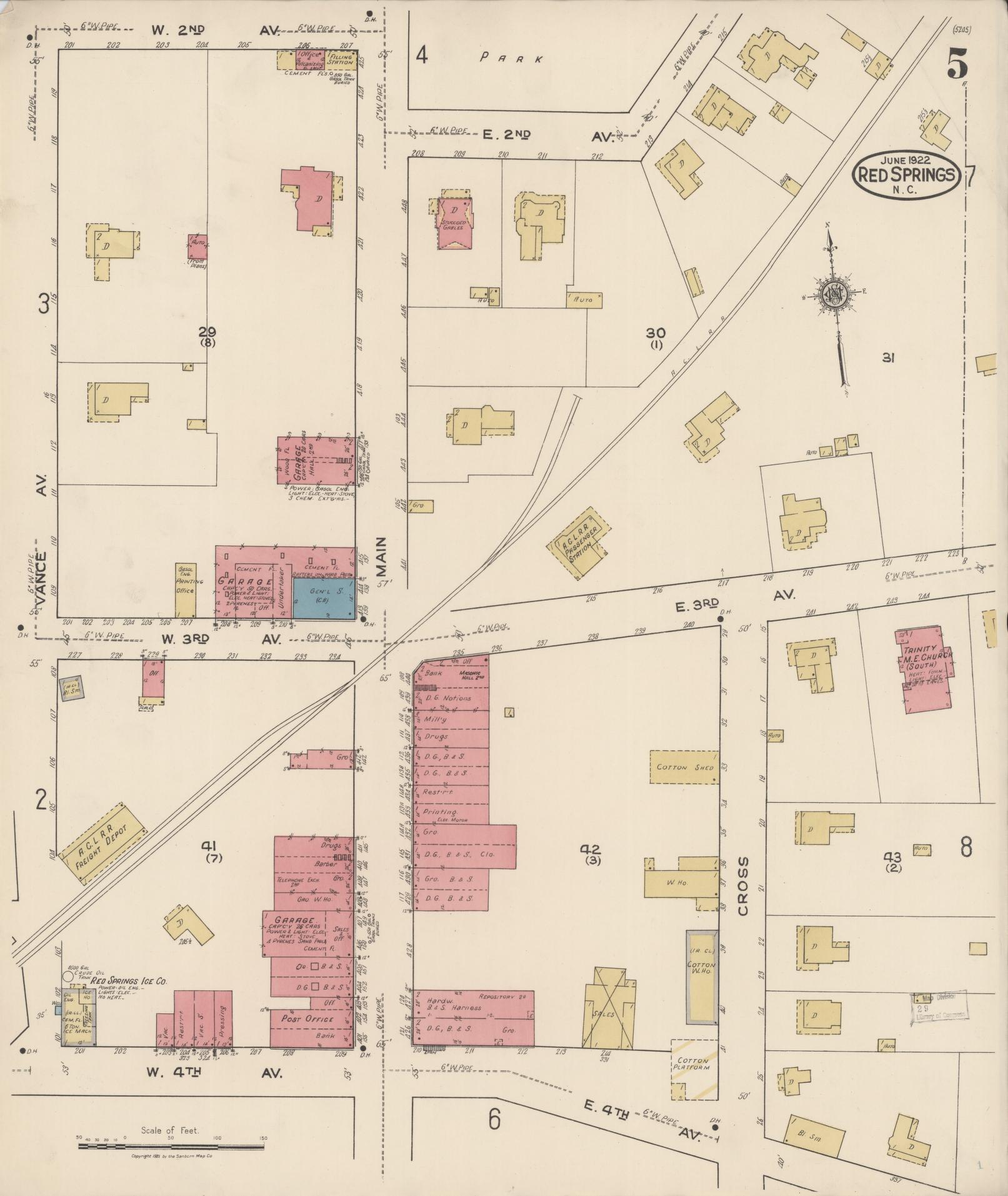 Sanborn Fire Insurance Map from Red Springs, Robeson County, North Carolina (1922), Sheet #0005 - Complete Map Set gallery image, historic Sanborn map, vintage wall art, North Carolina North Carolina