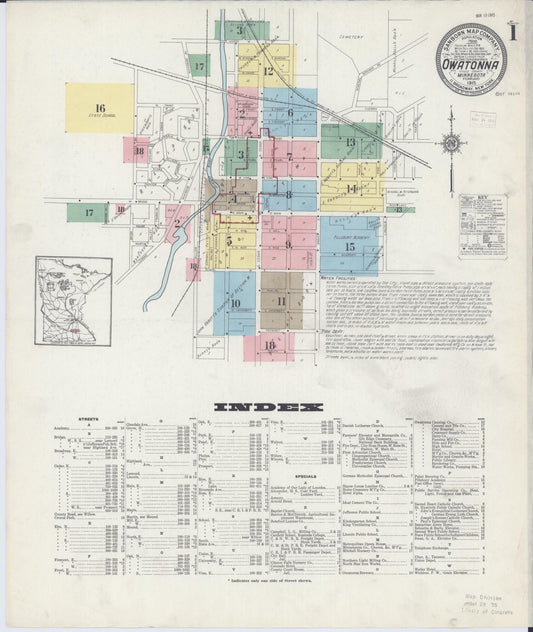 Sanborn Fire Insurance Map from Owatonna, Steele County, Minnesota (1915), Sheet #0001 - Complete Map Set gallery image, historic Sanborn map, vintage wall art, Minnesota Minnesota