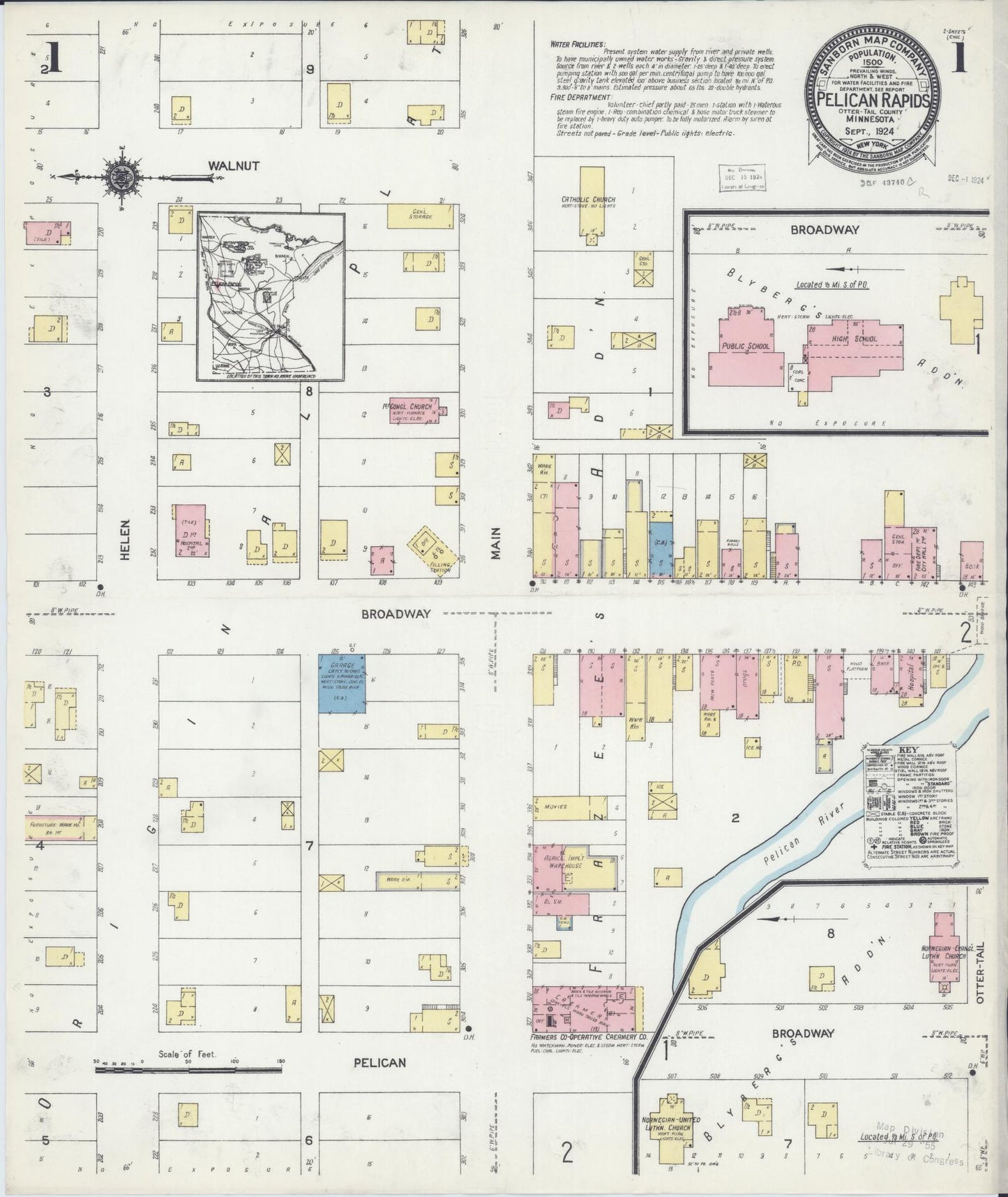 Sanborn Fire Insurance Map from Pelican Rapids, Otter Tail County, Minnesota (1924), Sheet #0001 - Historic Sanborn Fire Insurance Map Print, vintage old map wall art, antique decor, genealogy gift, Minnesota Minnesota map