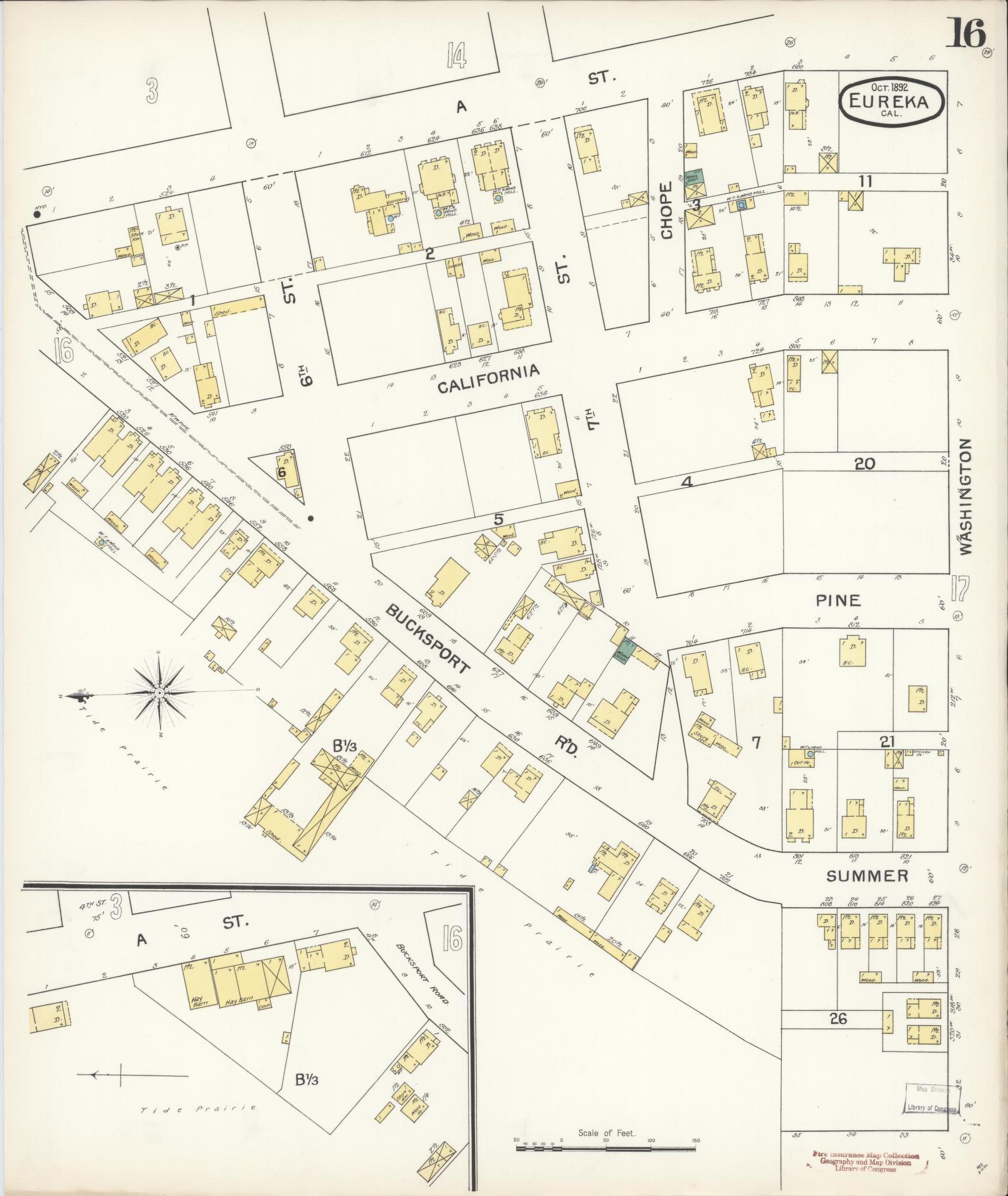 Sanborn Fire Insurance Map from Eureka, Humboldt County, California (1892), Sheet #0016 - Historic Sanborn Fire Insurance Map Print, vintage old map wall art, antique decor, genealogy gift, California California map