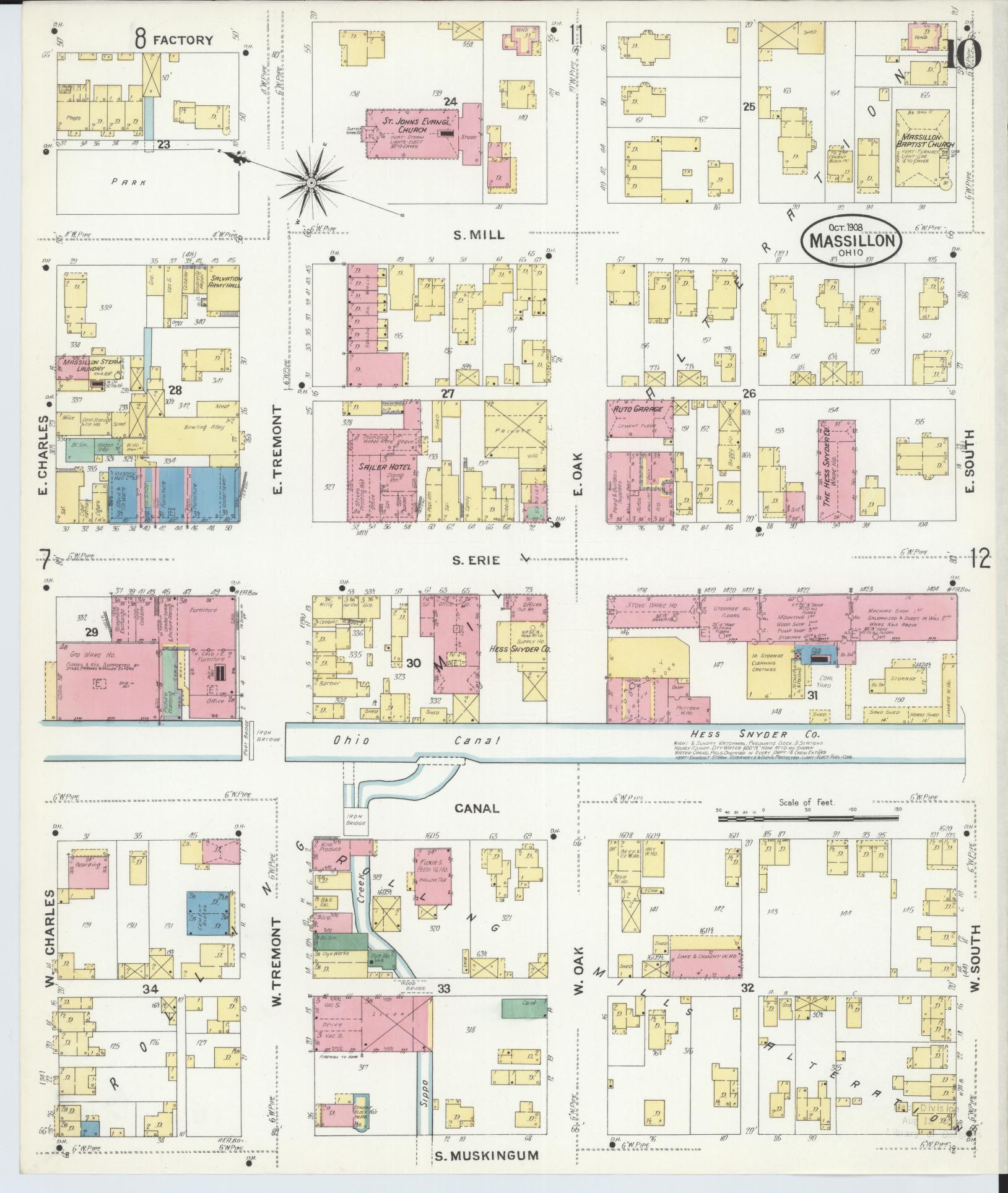 Sanborn Fire Insurance Map from Massillon, Stark County, Ohio (1908), Sheet #0010 - Historic Sanborn Fire Insurance Map Print, vintage old map wall art, antique decor, genealogy gift, Ohio Ohio map