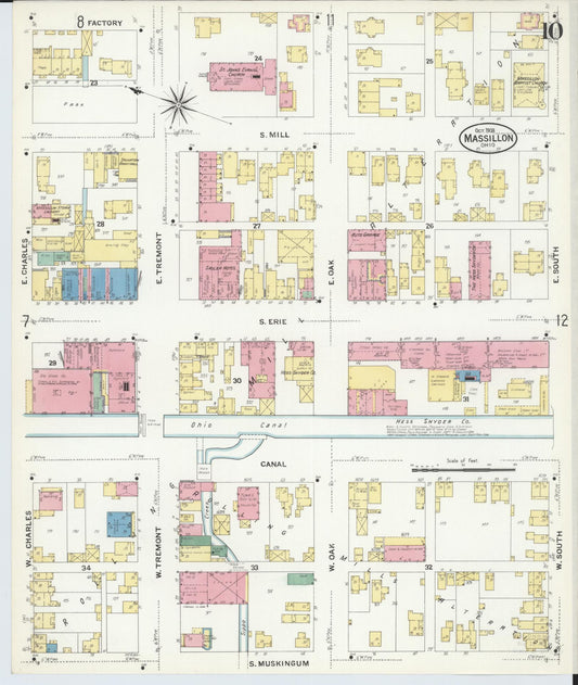 Sanborn Fire Insurance Map from Massillon, Stark County, Ohio (1908), Sheet #0010 - Historic Sanborn Fire Insurance Map Print, vintage old map wall art, antique decor, genealogy gift, Ohio Ohio map