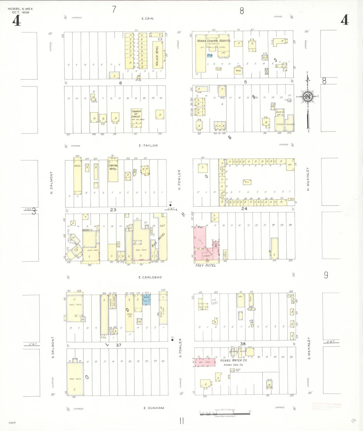 Sanborn Fire Insurance Map from Hobbs, Lea County, New Mexico (1938), Sheet #0004 - Complete Map Set gallery image, historic Sanborn map, vintage wall art, New Mexico New Mexico