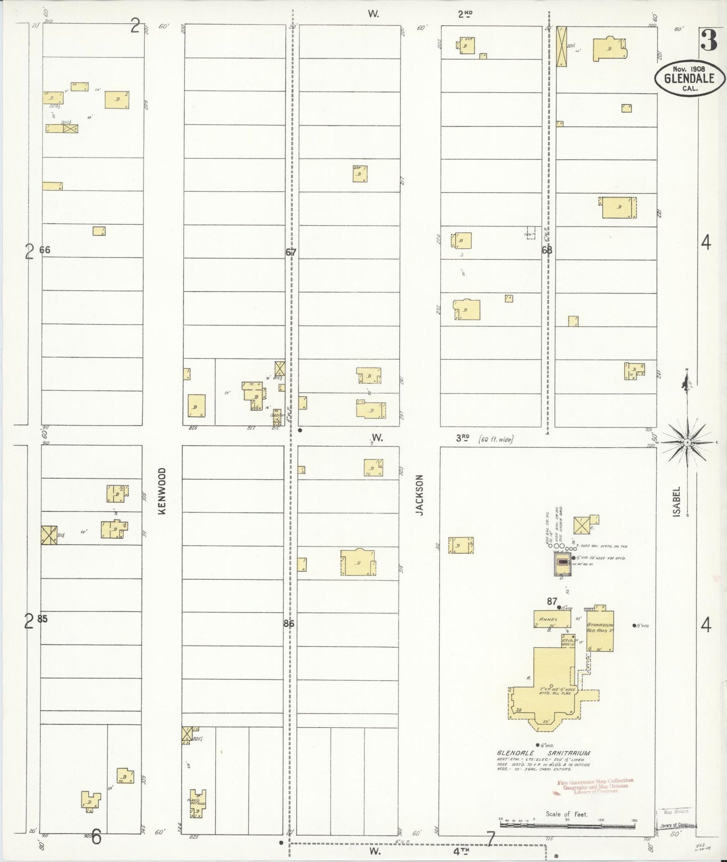 Sanborn Fire Insurance Map from Glendale, Los Angeles County, California (1908), Sheet #0003 - Historic Sanborn Fire Insurance Map Print, vintage old map wall art, antique decor, genealogy gift, California California map