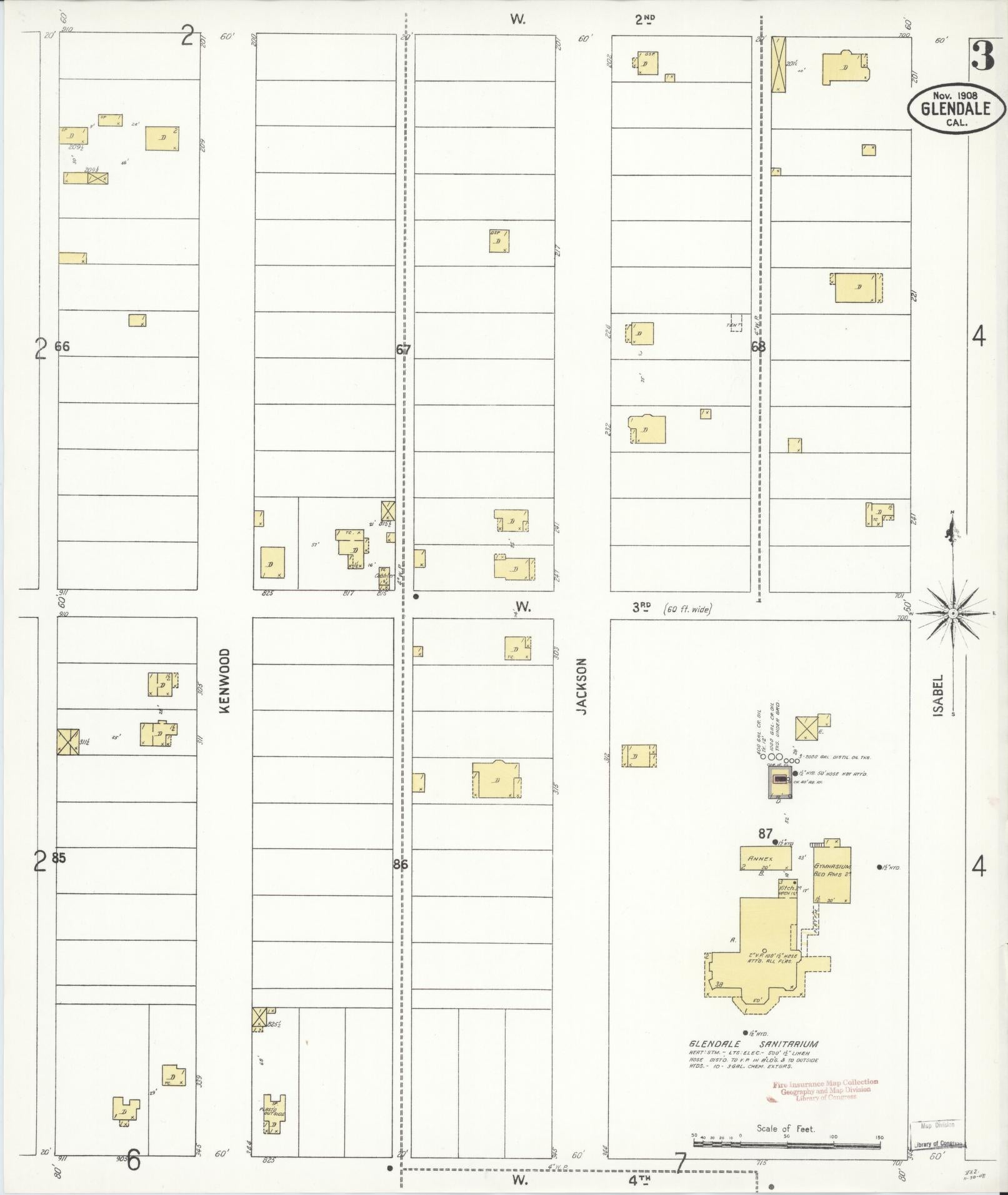 Sanborn Fire Insurance Map from Glendale, Los Angeles County, California (1908), Sheet #0003 - Historic Sanborn Fire Insurance Map Print, vintage old map wall art, antique decor, genealogy gift, California California map