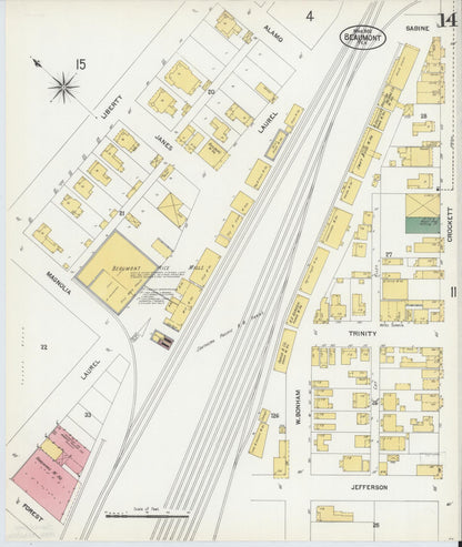 Sanborn Fire Insurance Map from Beaumont, Jefferson County, Texas (1902), Sheet #0014 - Historic Sanborn Fire Insurance Map Print, vintage old map wall art, antique decor, genealogy gift, Texas Texas map
