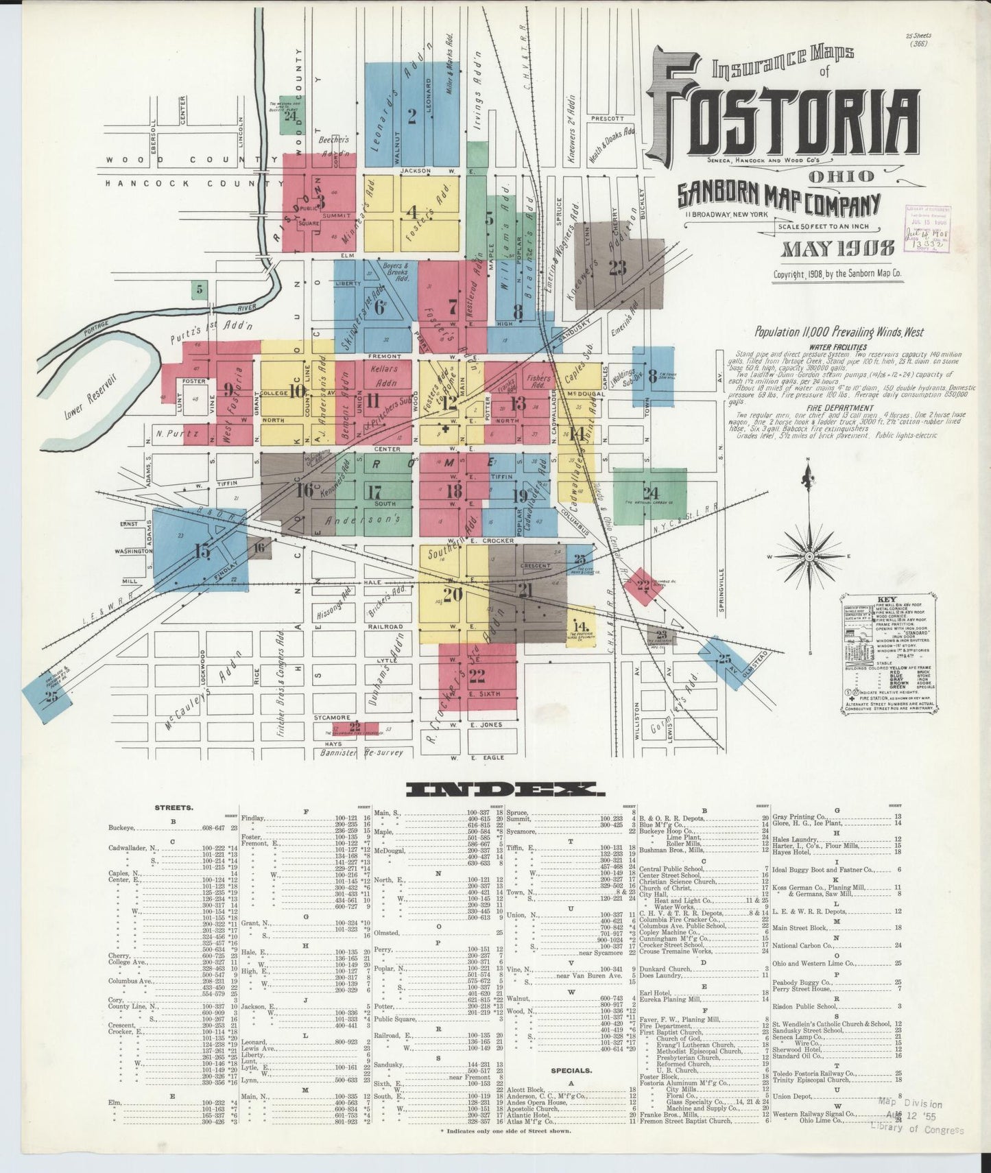 Sanborn Fire Insurance Map from Fostoria, Seneca, Hancock, And Wood Counties, Ohio (1908), Sheet #0001 - Historic Sanborn Fire Insurance Map Print, vintage old map wall art, antique decor, genealogy gift, Ohio Ohio map