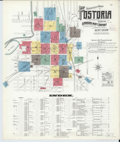 Sanborn Fire Insurance Map from Fostoria, Seneca, Hancock, And Wood Counties, Ohio (1908), Sheet #0001 - Historic Sanborn Fire Insurance Map Print, vintage old map wall art, antique decor, genealogy gift, Ohio Ohio map