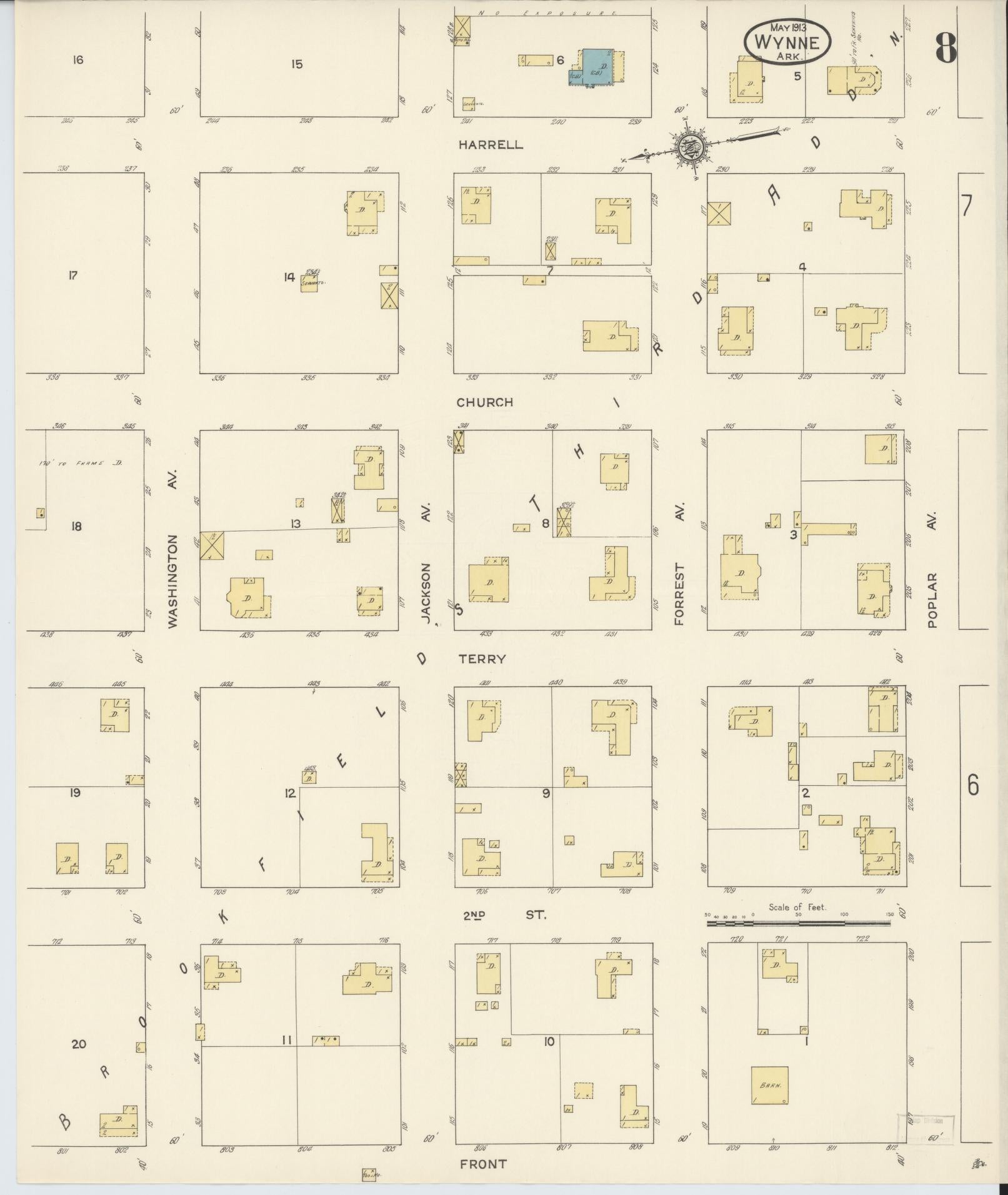 Sanborn Fire Insurance Map from Wynne, Cross County, Arkansas (1913), Sheet #0008 - Historic Sanborn Fire Insurance Map Print, vintage old map wall art, antique decor, genealogy gift, Arkansas Arkansas map