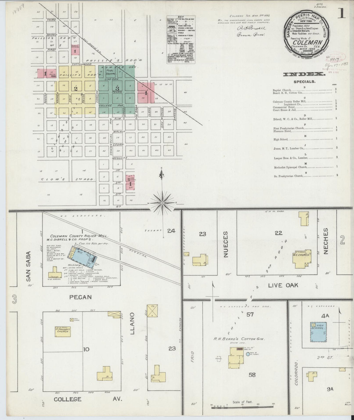 Sanborn Fire Insurance Map from Coleman, Coleman County, Texas (1893), Sheet #0001 - Historic Sanborn Fire Insurance Map Print, vintage old map wall art, antique decor, genealogy gift, Texas Texas map