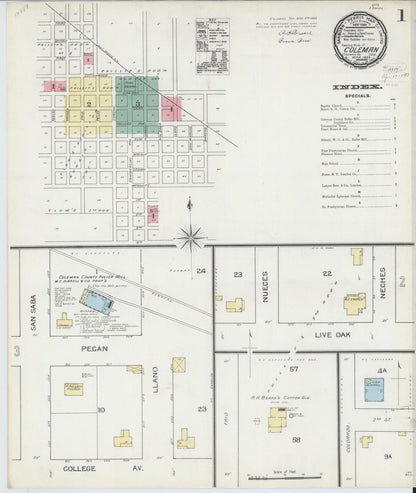 Sanborn Fire Insurance Map from Coleman, Coleman County, Texas (1893), Sheet #0001 - Historic Sanborn Fire Insurance Map Print, vintage old map wall art, antique decor, genealogy gift, Texas Texas map