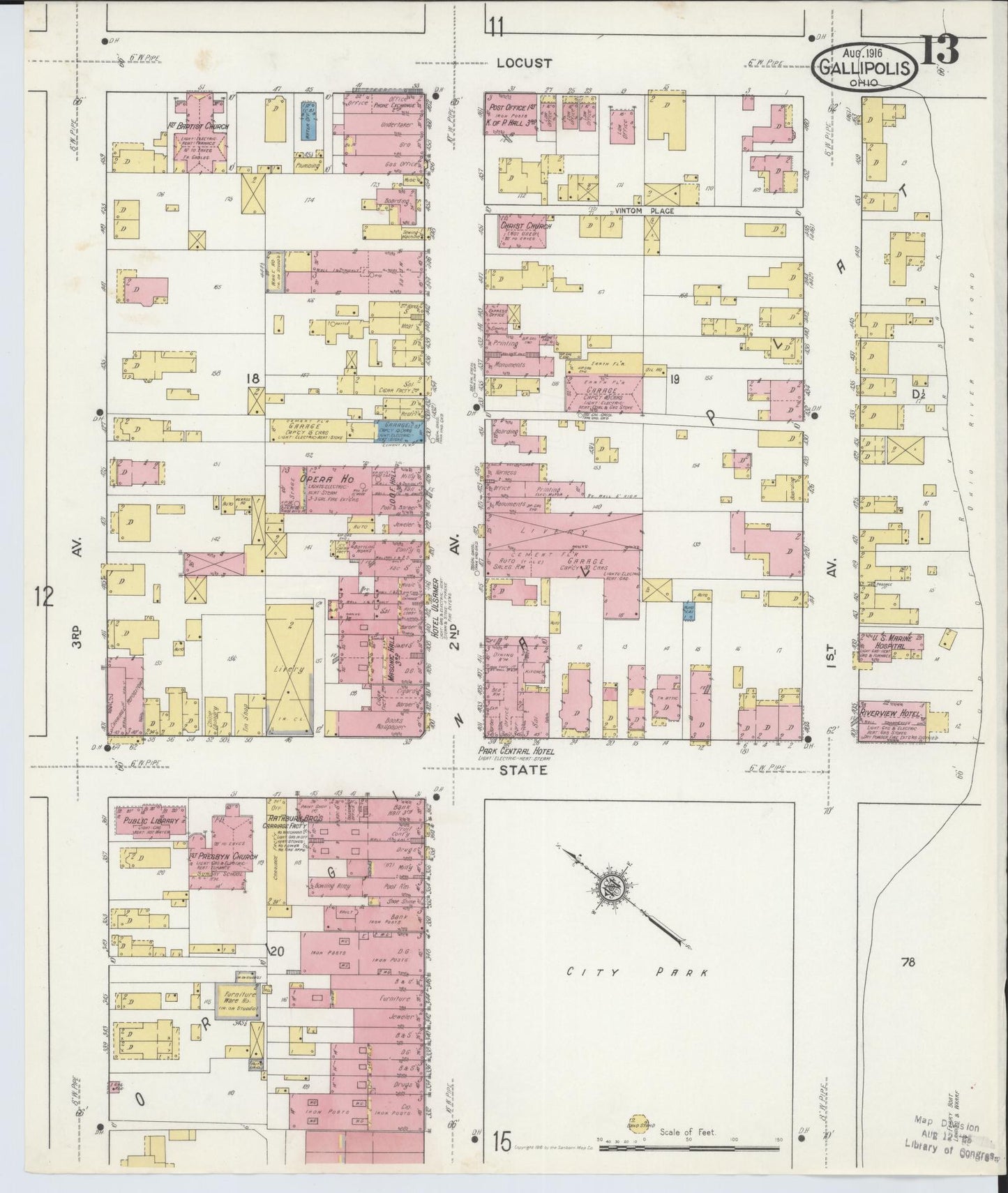Sanborn Fire Insurance Map from Gallipolis, Gallia County, Ohio (1916), Sheet #0013 - Complete Map Set gallery image, historic Sanborn map, vintage wall art, Ohio Ohio
