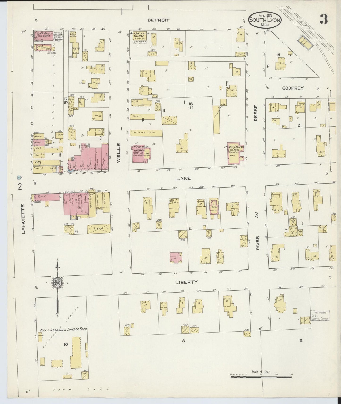 Sanborn Fire Insurance Map from South Lyon, Oakland County, Michigan (1913), Sheet #0003 - Complete Map Set gallery image, historic Sanborn map, vintage wall art, Michigan Michigan