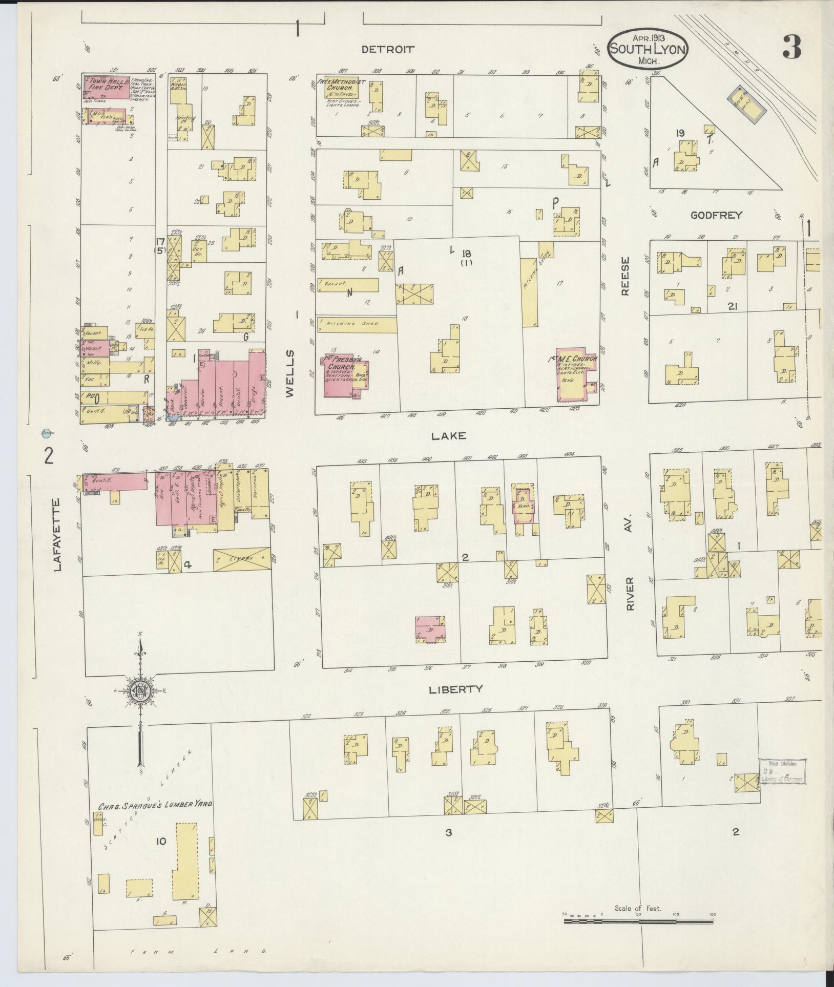 Sanborn Fire Insurance Map from South Lyon, Oakland County, Michigan (1913), Sheet #0003 - Complete Map Set gallery image, historic Sanborn map, vintage wall art, Michigan Michigan