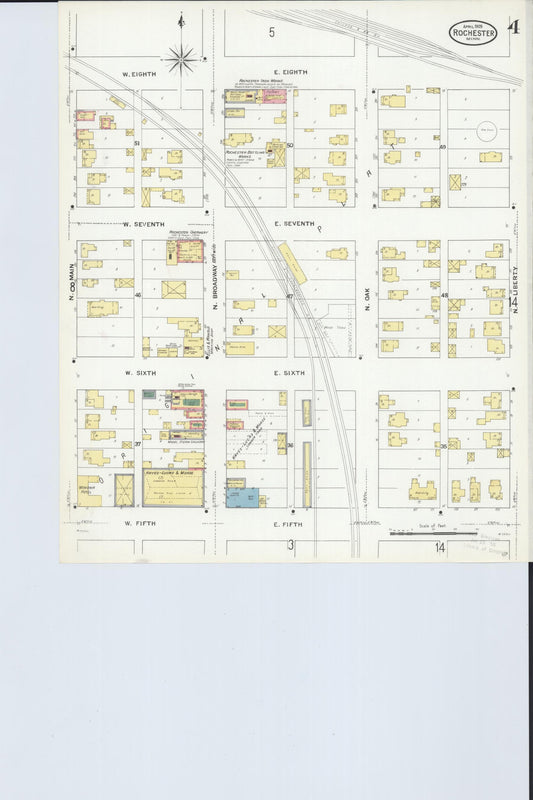 Sanborn Fire Insurance Map from Rochester, Olmsted County, Minnesota (1909), Sheet #0004 - Historic Sanborn Fire Insurance Map Print, vintage old map wall art, antique decor, genealogy gift, Minnesota Minnesota map