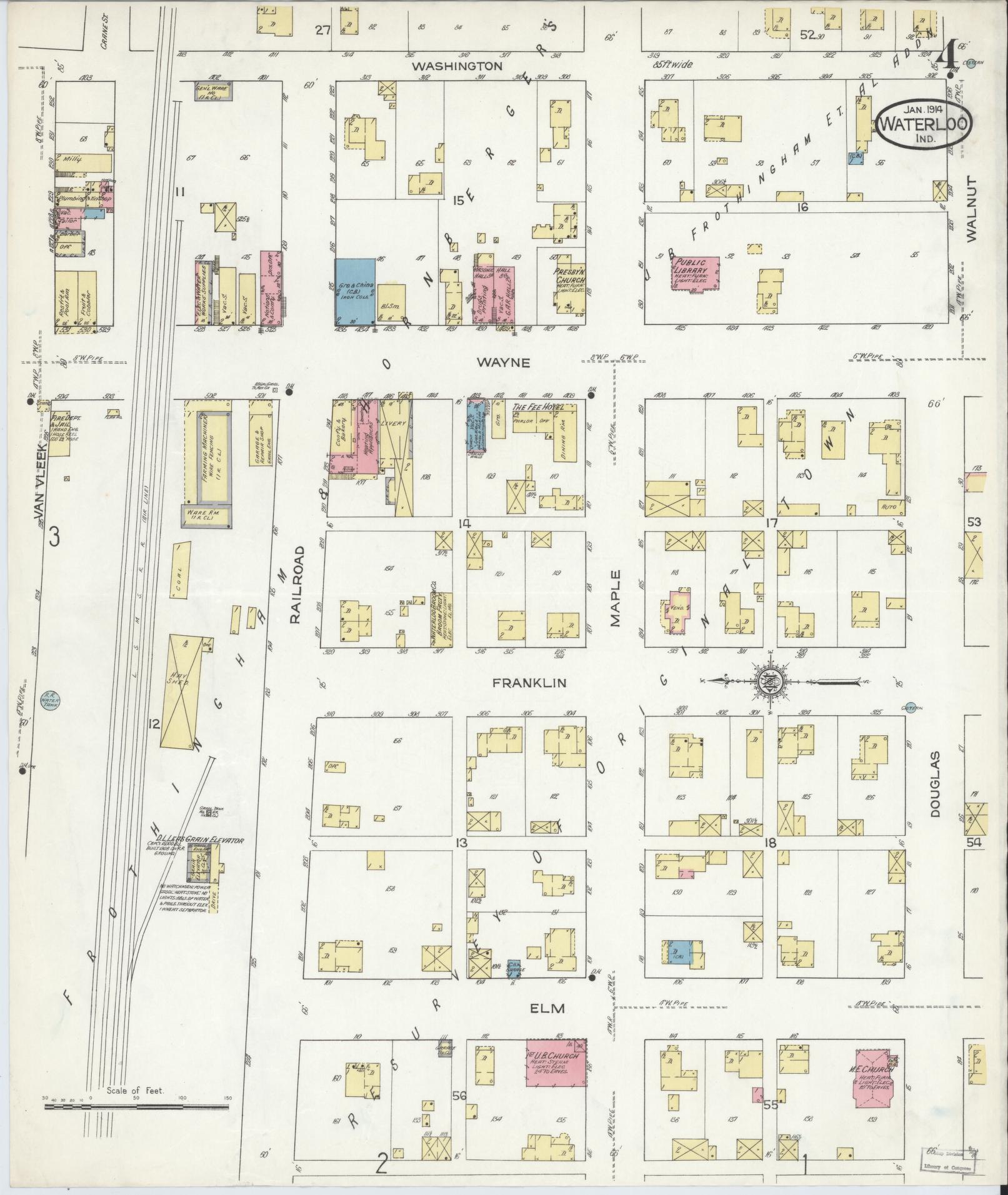 Sanborn Fire Insurance Map from Waterloo, De Kalb County, Indiana (1914), Sheet #0004 - Complete Map Set gallery image, historic Sanborn map, vintage wall art, Indiana Indiana