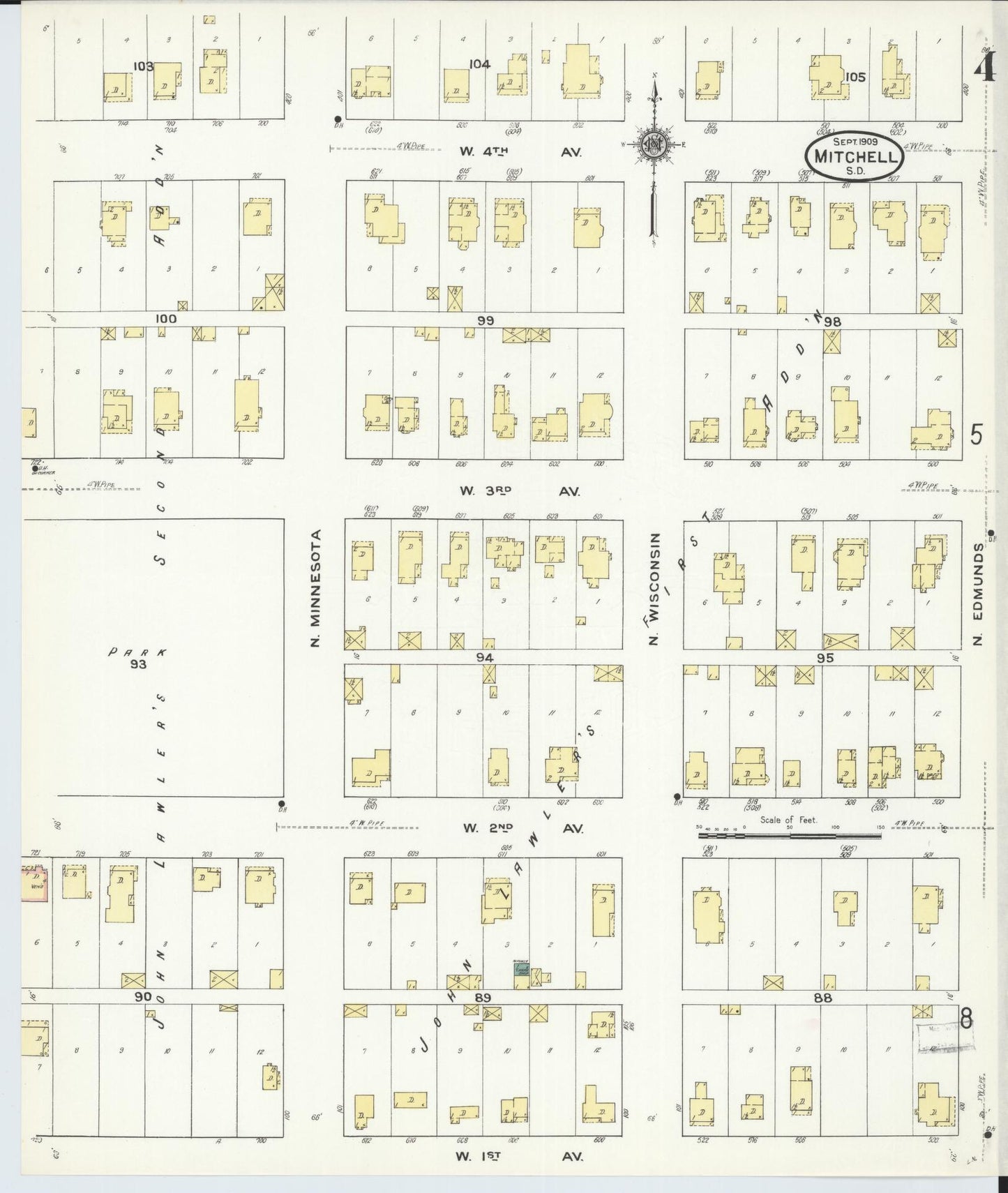 Sanborn Fire Insurance Map from Mitchell, Davison County, South Dakota (1909), Sheet #0004 - Historic Sanborn Fire Insurance Map Print, vintage old map wall art, antique decor, genealogy gift, South Dakota South Dakota map