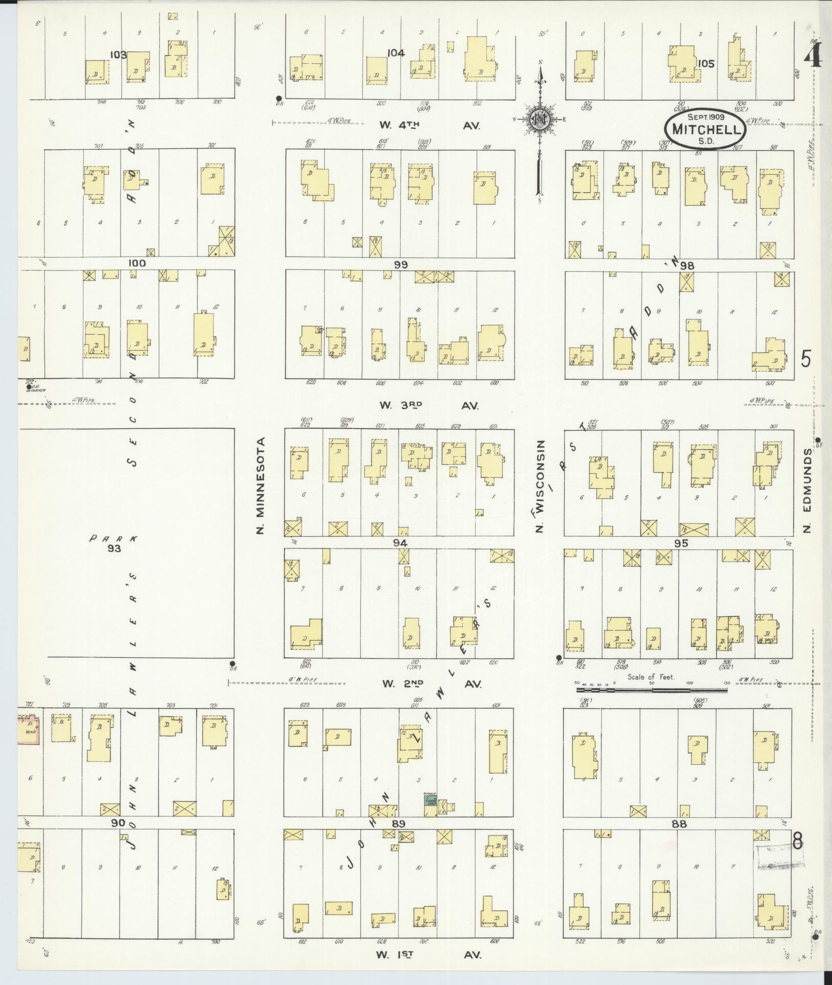 Sanborn Fire Insurance Map from Mitchell, Davison County, South Dakota (1909), Sheet #0004 - Historic Sanborn Fire Insurance Map Print, vintage old map wall art, antique decor, genealogy gift, South Dakota South Dakota map