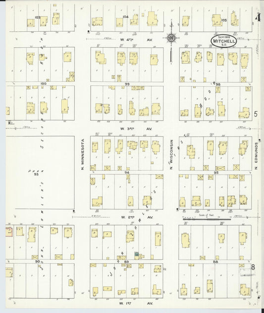 Sanborn Fire Insurance Map from Mitchell, Davison County, South Dakota (1909), Sheet #0004 - Historic Sanborn Fire Insurance Map Print, vintage old map wall art, antique decor, genealogy gift, South Dakota South Dakota map