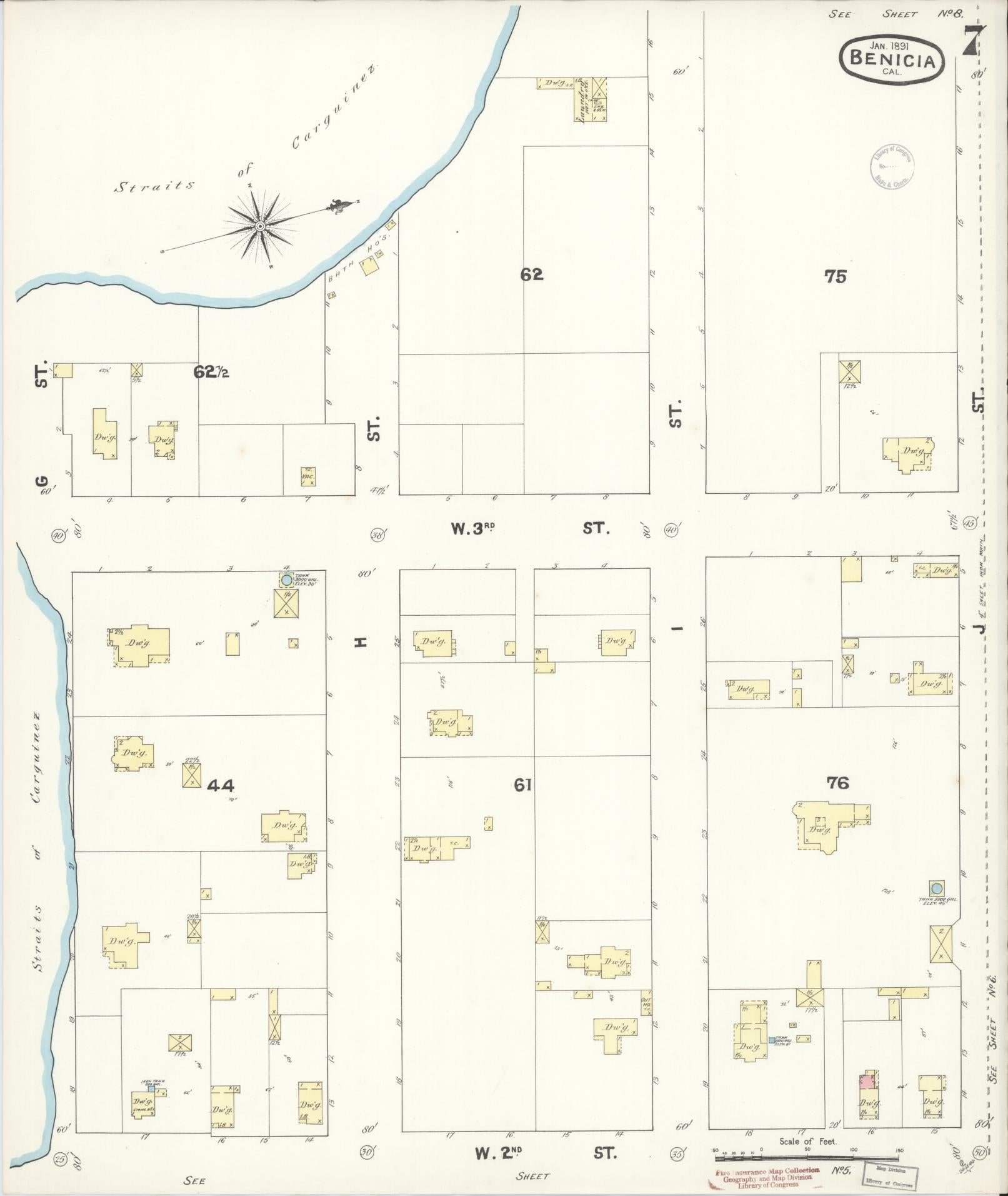 Sanborn Fire Insurance Map from Benicia, Solano County, California (1891), Sheet #0007 - Historic Sanborn Fire Insurance Map Print, vintage old map wall art, antique decor, genealogy gift, California California map