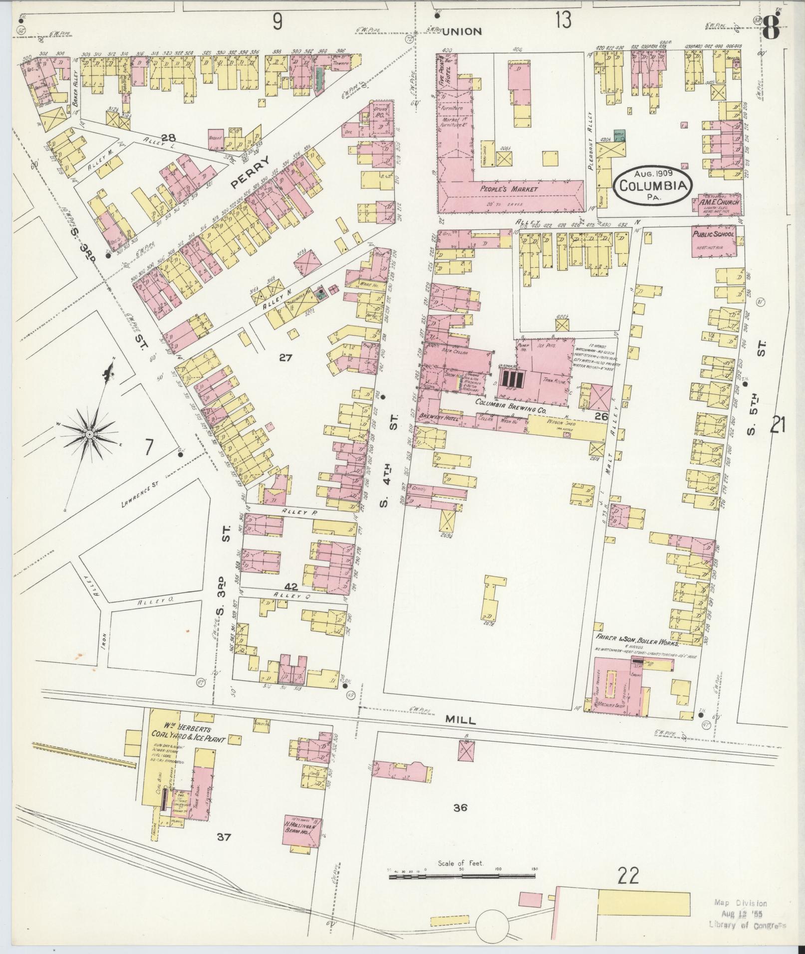 Sanborn Fire Insurance Map from Columbia, Lancaster County, Pennsylvania (1909), Sheet #0008 - Historic Sanborn Fire Insurance Map Print, vintage old map wall art, antique decor, genealogy gift, Pennsylvania Pennsylvania map