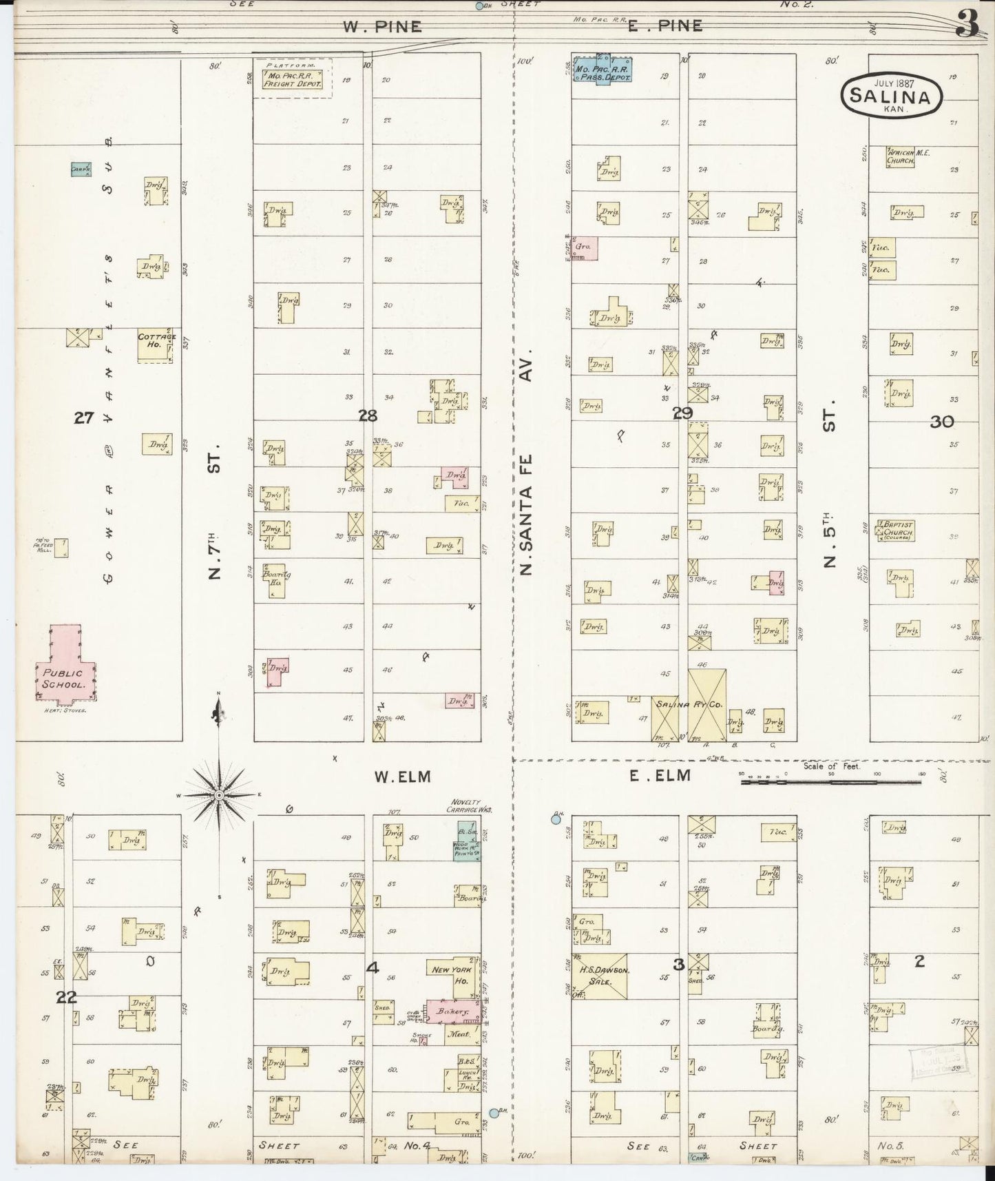 Sanborn Fire Insurance Map from Salina, Saline County, Kansas (1887), Sheet #0003 - Complete Map Set gallery image, historic Sanborn map, vintage wall art, Kansas Kansas