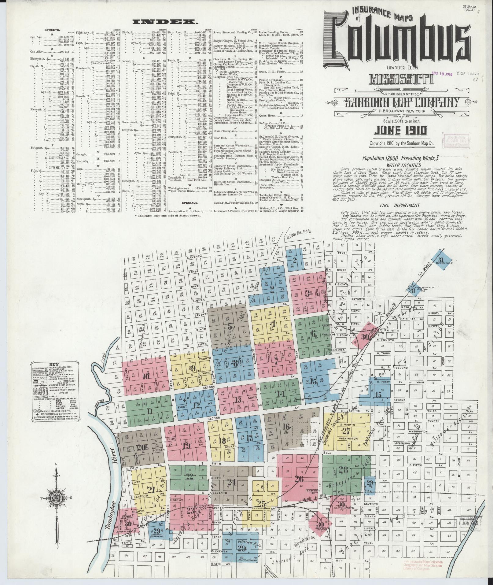 Sanborn Fire Insurance Map from Columbus, Lowndes County, Mississippi (1910), Sheet #0001 - Historic Sanborn Fire Insurance Map Print, vintage old map wall art, antique decor, genealogy gift, Mississippi Mississippi map