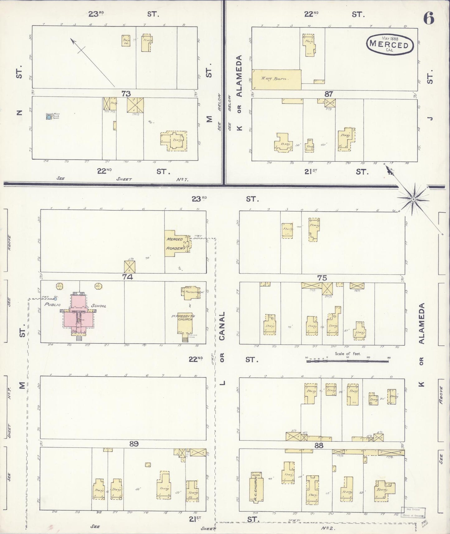 Sanborn Fire Insurance Map from Merced, Merced County, California (1888), Sheet #0006 - Historic Sanborn Fire Insurance Map Print, vintage old map wall art, antique decor, genealogy gift, California California map