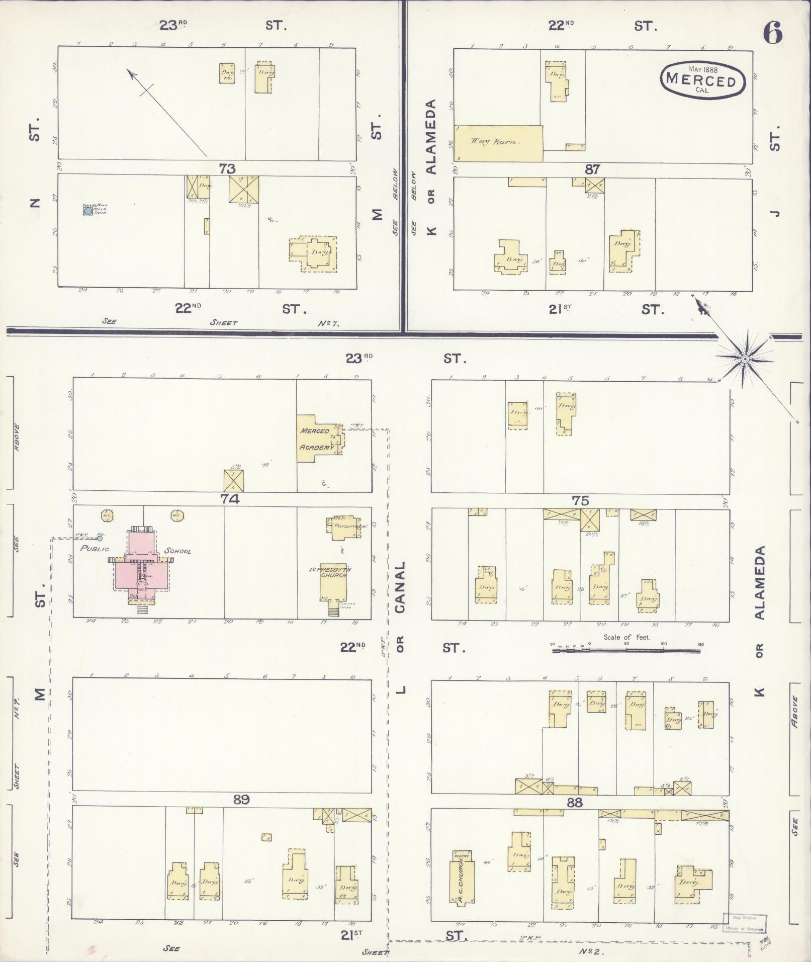 Sanborn Fire Insurance Map from Merced, Merced County, California (1888), Sheet #0006 - Historic Sanborn Fire Insurance Map Print, vintage old map wall art, antique decor, genealogy gift, California California map