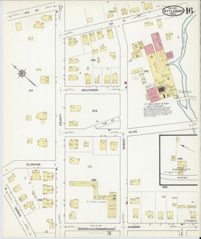 Sanborn Fire Insurance Map from Attleboro, Bristol County, Massachusetts (1916), Sheet #0016 - Historic Sanborn Fire Insurance Map Print, vintage old map wall art, antique decor, genealogy gift, Massachusetts Massachusetts map